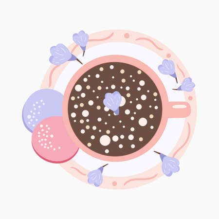 Cozy hot beverage and cookies. Cup of hot chocolate with marshmallows. Vector illustration for icon, poster, banner. Isolated on white background.のイラスト素材