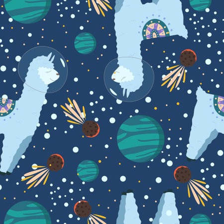 Cosmic seamless pattern, cute llamas or alpaca astronaut in space. Comets, stars and funny animal...