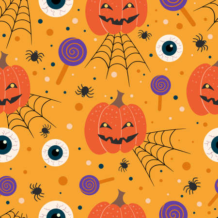 Happy Halloween seamless pattern with punpkins, eyeballs, spiders and candy. Vector illustration in cartoon style. Design for textile, wallpaper.のイラスト素材