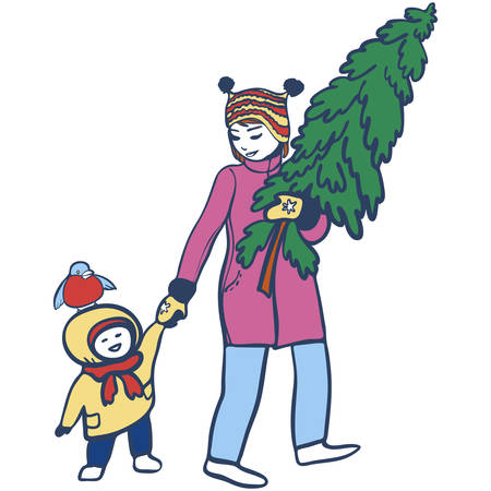 Woman holding fir-tree with child and funny snowbird on his head vector illustrationのイラスト素材