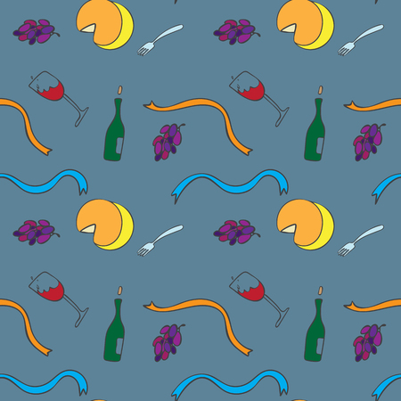 Wine cheese bottle grape objects on blue-gray background seamless pattern.のイラスト素材