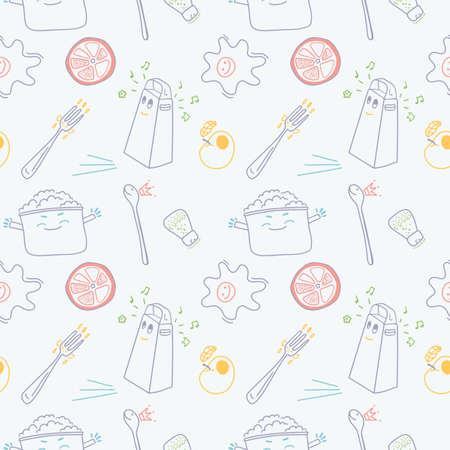 Kitchen funny tools in vector seamless pattern. Cooking elements. Vector background.のイラスト素材