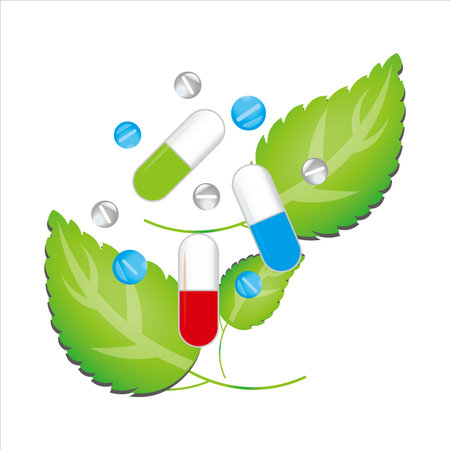 pills on the background of leaves vector, illustration, symbolのイラスト素材