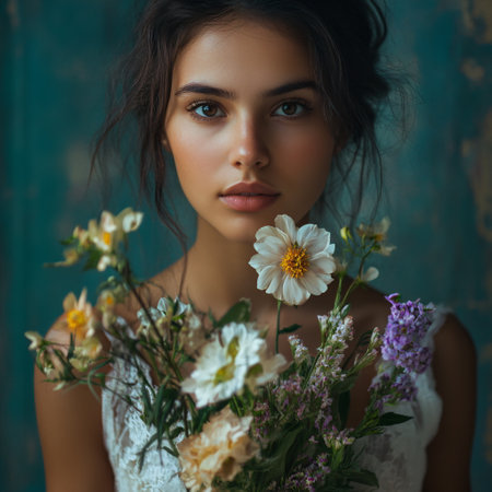 Portrait of a beautiful young woman with a bouquet of flowersの素材