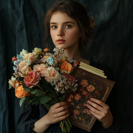 Portrait of a beautiful girl with a book and a bouquet of flowersの素材