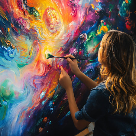 Beautiful young woman artist painting on a colorful rainbow acrylic background.の素材