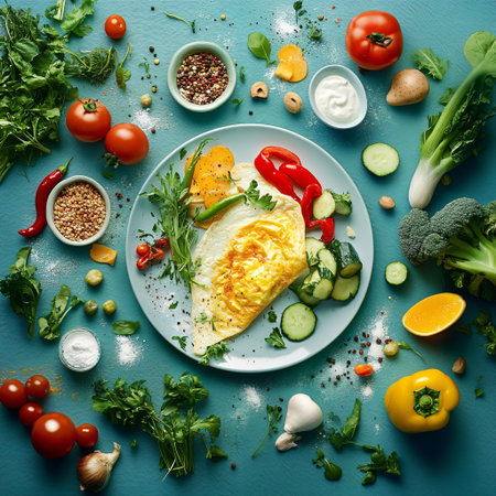 Omelet with vegetables and herbs on a blue background, top viewの素材