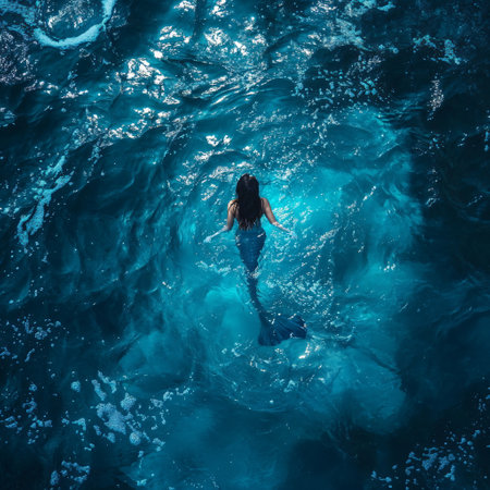Aerial view of young woman in swimsuit posing underwater in blue oceanの素材