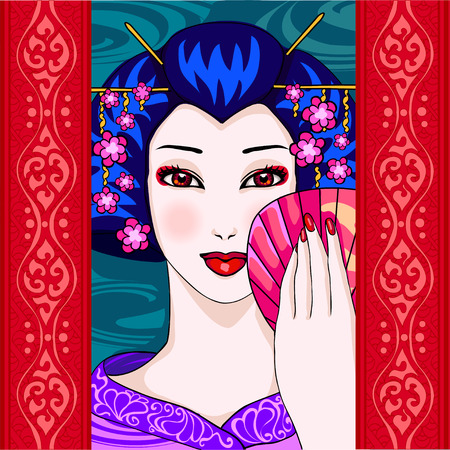 vector portrait of a Japanese woman with a fan on the colorful backgroundのイラスト素材