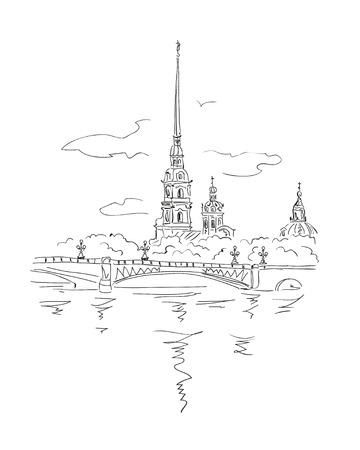vector sketch St.-Petersburg View from Neva river on Peter and Paul Fortress in Spb, Russia.のイラスト素材