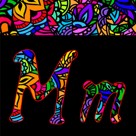 vector capital and small letters M with abstract ethnic  patterns. Rich ornate alphabet in orient style. Fancy multicolored letter with a decorative pattern can be used for printing on fabric, cardのイラスト素材