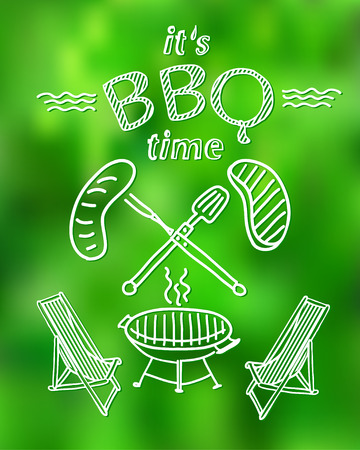 white sketch of a barbecue with the text on a green backgroundの写真素材