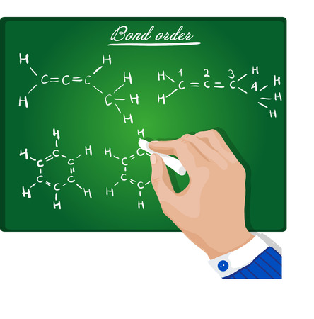 Male hand writing with chalk  Formula on a green chalkboardのイラスト素材