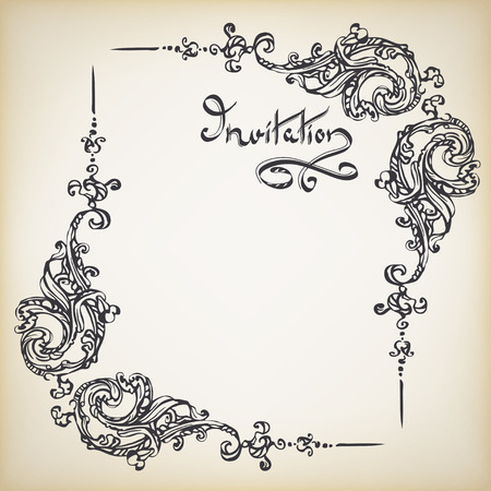 Rococo frame with a handwritten inscription INVITATION with retro ornament pattern in antique baroque style decorative designのイラスト素材