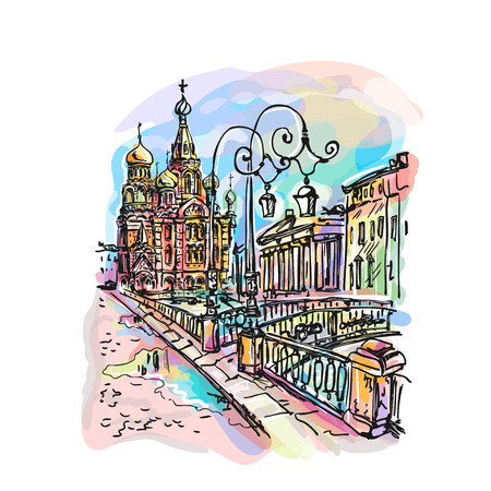 Church on Spilled Blood or Resurrection Church of Our Savior in Saint Petersburg, Russia on Griboedova Canal. Vectirのイラスト素材