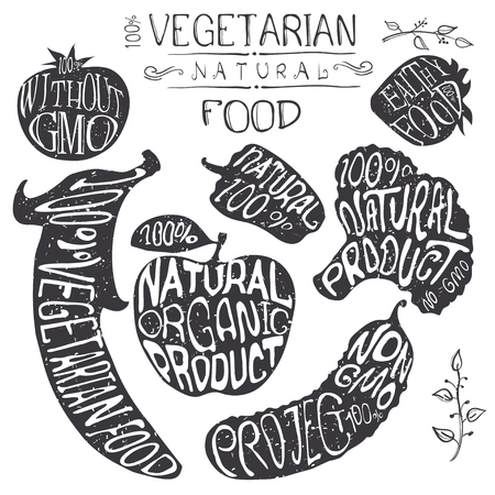 Hand drawn Lettering on fruits and vegetables vector set isolated on white background in vintage style. Non-GMO natural  food for vegans, vegetarians and raw foodistsのイラスト素材