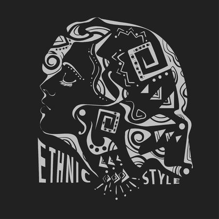 Handmade stylized portrait of women in ethnic style on a black background with the inscription. It can be used as a print for shirtsのイラスト素材