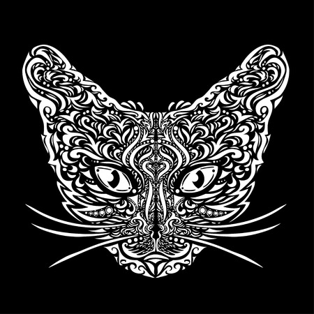 Hand drawn outline doodle illustration of a black and white cat\'s muzzle with ornaments.  Can be used for t-shirts, tattoo, textile. Vectorのイラスト素材