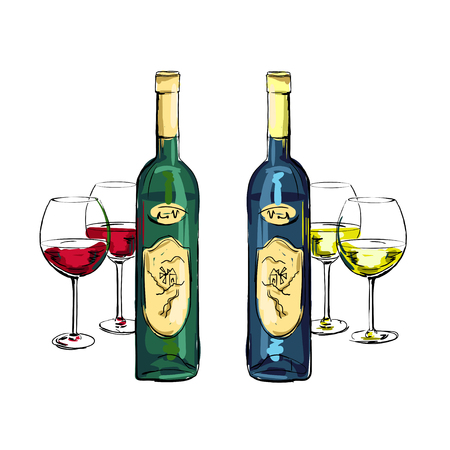 isolated bottle of white and red wine with filled stemware on a white backgroundのイラスト素材