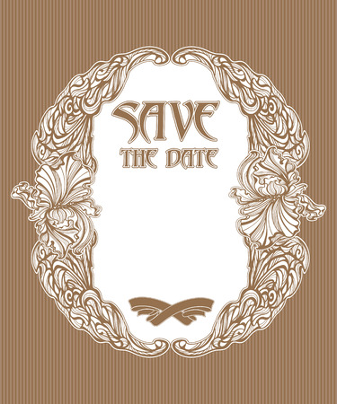 invitation of interwoven leaves, flowers and ribbons with the words save the date artnuvo styleのイラスト素材