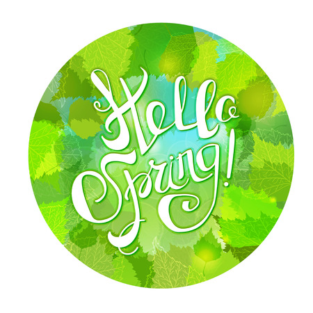 Hello Spring Handwritten vector Illustration on a round sparkling background with leaves and blue sky.のイラスト素材