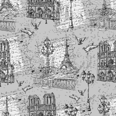 Seamless background Paris in retro style. The embankment River Seine, Notre Dame, lanterns and doves on a background of letters imitation.のイラスト素材
