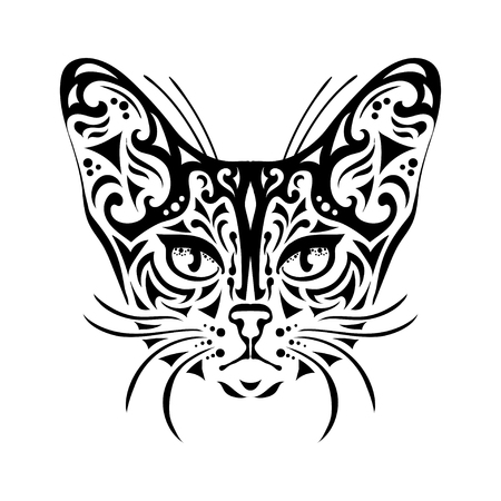 Ornamental decorative isolated black cat's muzzle on a white background.  Can be used for t-shirt, poster, tattoo, textile,  element for card design. Hand drawn vector illustrationのイラスト素材
