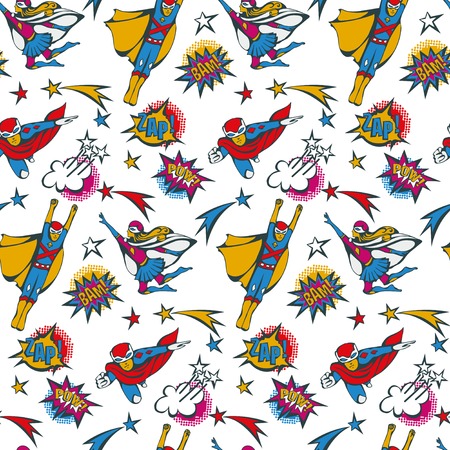 seamless pattern flying superhero male and female illustration and speech bubbles in the pop Art comics styleのイラスト素材