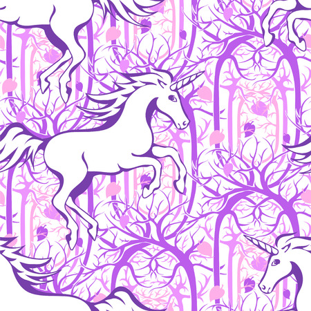 Galloping unicorn silhouette against the backdrop of a magical, enchanted forest - seamless vector backgroundのイラスト素材