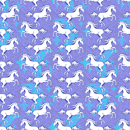 Galloping unicorn silhouette against the background of stars and crescent - seamless vector backgroundのイラスト素材