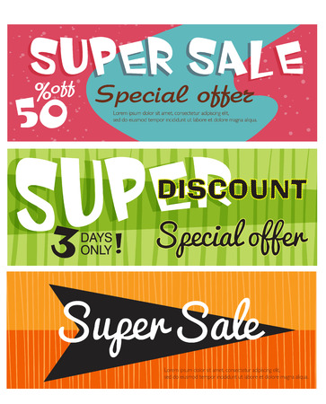Super sale. Discounts 50 of. Special offer. Set of vector banners in Reto style.のイラスト素材