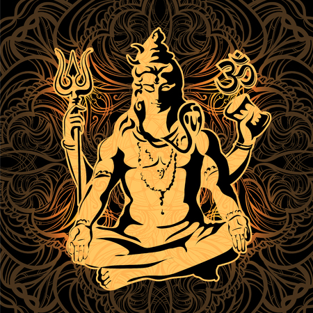 Golden Lord Shiva in the lotus position with sacred of Hindu traditional symbols  on black backgroundのイラスト素材