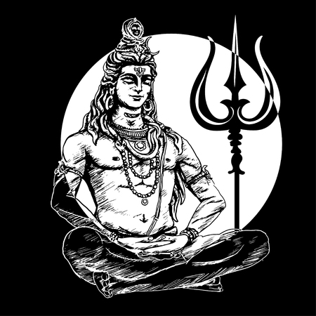 Lord Shiva in the lotus position and meditate on the background of the moon. Om Namah Shivaya. Black and white illustrationのイラスト素材