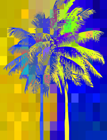 multicolored abstract background with tropical palm trees in the background of the pixels in the variegated psychedelic colorsのイラスト素材