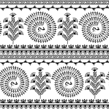 Warli painting seamless pattern - hand drawn traditional the ancient tribal art India. Pictorial language is matched by a rudimentary technique depicting rural life of the inhabitants of Indiaのイラスト素材