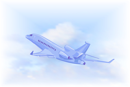 isolated Flying plane on a background of blue sky with white clouds. Vector illustration.のイラスト素材