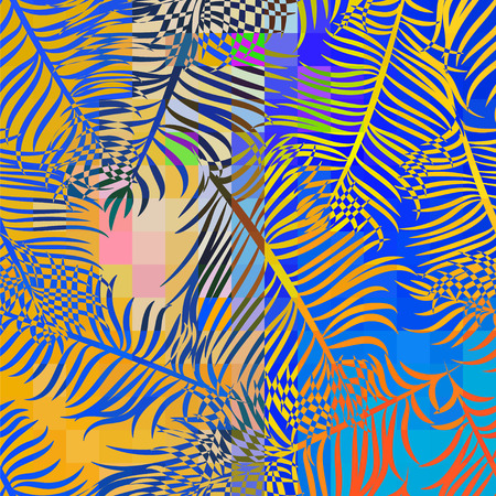 Tropical abstract seamless pattern of banana leaves in psychedelic colorsのイラスト素材