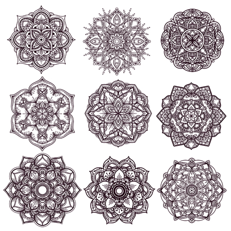 Set of unusual isolated ethnic Oriental ornamental floral round patterns. Hand drawn mandalas. Indian, Islamic, Arab motifs. Vector illustration.のイラスト素材