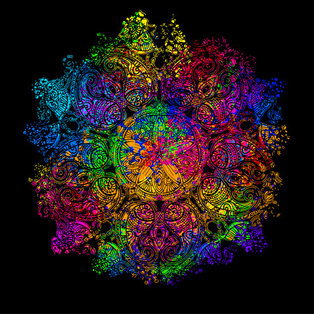 colorful psychedelic mandala on a black backgroundのイラスト素材
