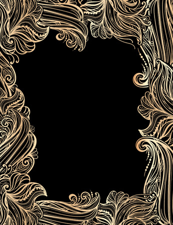 ornate golden vintage frame with multicolored abstract waves and floral ornament on a black backgroundのイラスト素材