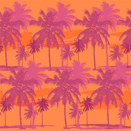 tropical seamless pattern - purple and purple palms trees on an orange backgroundのイラスト素材