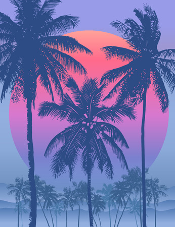 Tropical sunrise with pink gradient sun and silhouette of palm trees and mountains in the background of blue skyのイラスト素材