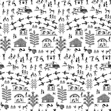 Warli painting seamless pattern - hand drawn traditional the ancient tribal art India. Pictorial language is matched by a rudimentary technique depicting rural life of the inhabitants of Indiaのイラスト素材