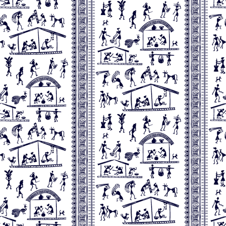 Warli painting seamless pattern - hand drawn traditional the ancient tribal art India. Pictorial language is matched by a rudimentary technique depicting rural life of the inhabitants of Indiaのイラスト素材