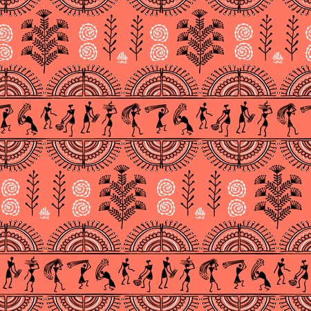 Warli painting seamless pattern - hand drawn traditional the ancient tribal art India. Pictorial language is matched by a rudimentary technique depicting rural life of the inhabitants of Indiaのイラスト素材