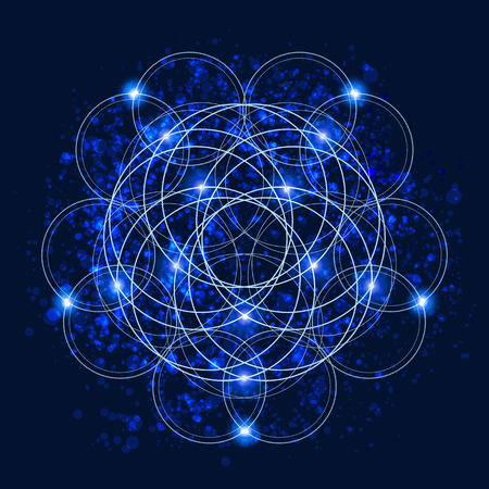 Abstract background with consecrated symbols of sacred geometry, outer space and luminous stars. Vector illustrationのイラスト素材