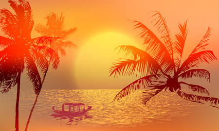 Banner - tropical sunset or sunrise in yellow, red and orange shades. Palm trees against the setting sun and its reflections on the water surface.のイラスト素材