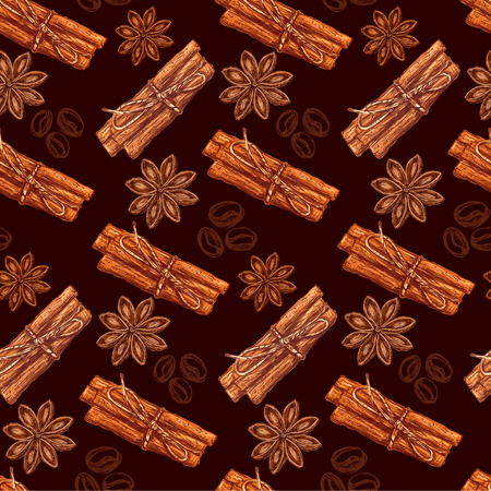 Cinnamon, anise and coffee beans on a dark background - seamless patternのイラスト素材