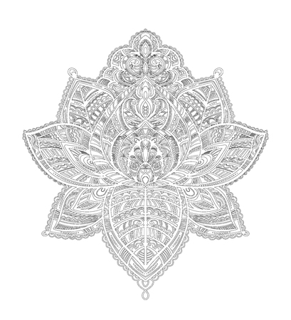 Elegant ethnic flower mandala lotus mehendi with oriental elements and paisley. Can be used for tattoos, adult coloring, printing on T shirts, printingのイラスト素材