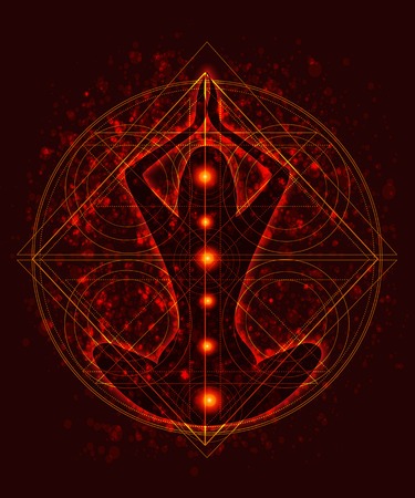 female silhouette with elements of sacred geometry and space in which meditates in the lotus position.のイラスト素材